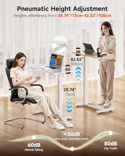 BIZUM Adjustable Bedside Table with Swivel Hidden Wheels Pneumatic Rolling Desk Mobile Standing Desk with Cup Holder for Hospital Home(31.5"x15.8" White) - color: White, size: 31.5"x15.8"