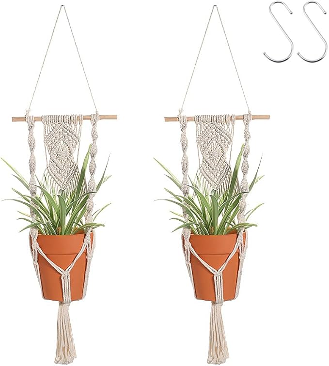 Boho Macrame Plant Hangers - Handmade Hemp Rope Hanging Baskets for Plants with Ceiling Hooks, Bohemian Home Decor Wall Art