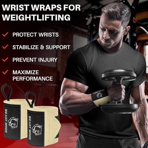 TECEUM Weightlifting 18" & 12" Wrist Wraps with Thumb Loop – Heavy Duty Wrist Workout Braces for Men and Women – Ideal for Powerlifting, Strength Training, Bodybuilding - color: Beige, style: 12" – Arms on Fire