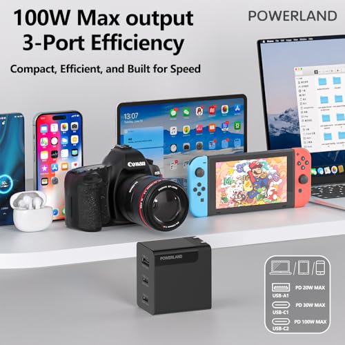 100W USB C Charger,GaN III 3-Port Fast Charging Station,PD QC Foldable Charger Block Portable Laptop Adapter for MacBook Pro/Air,iPad Pro,Galaxy S23,Dell XPS 13,iPhone 16/15/Pro and More