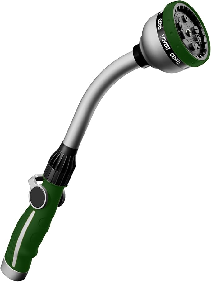 RESTMO Watering Wand Heavy Duty, Metal Garden Hose Wand with 10 Spray Patterns, 15-Inch Long Hose Nozzle Sprayer with Thumb Flow Control, Ideal to Water Hanging Baskets and Shrubs, Green