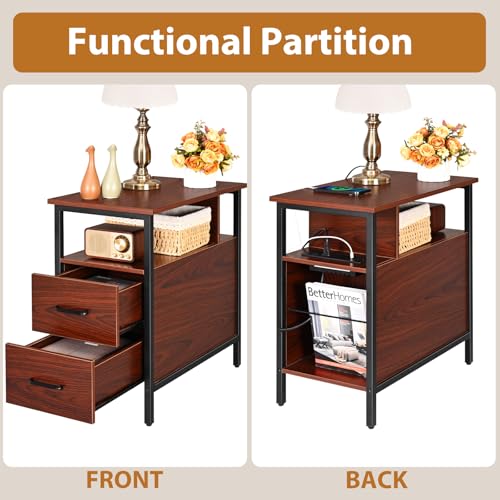 Narrow Side Tables with Charging Station, Narrow End Table with Wooden Drawers, USB Ports and Power Outlets, Nightstand and Bedside Table for Bedroom, End Tables Living Room, Espresso