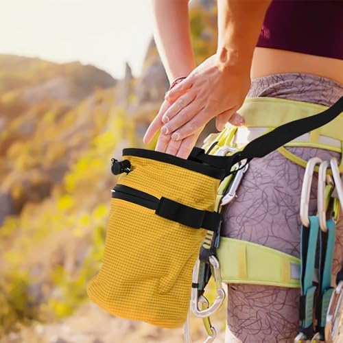 FABULETTA Climbing Chalk Bag for Rock Climbing, Gymnastics Chalk Pouch with Belt, No Leak Design, Storage Pockets, Adjustable Waist Strap for Bouldering and(Yellow) - size: Yellow