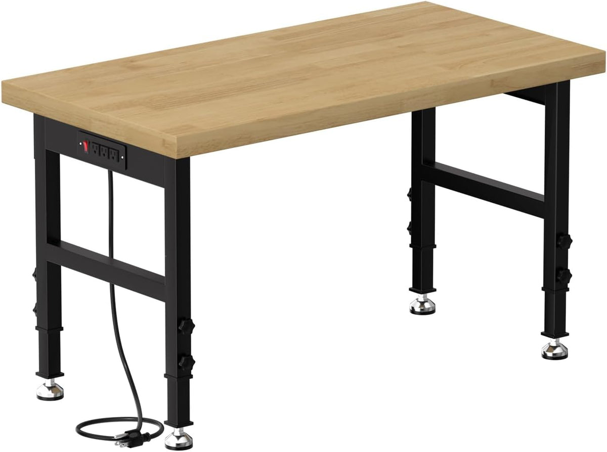 48" Work Bench, Adjustable Height Workbench with Rubber Pad, Heavy-Duty Work Table with Power Outlets, 2000 LBS Capacity Workstation for Garage, Workshop, Office, Home