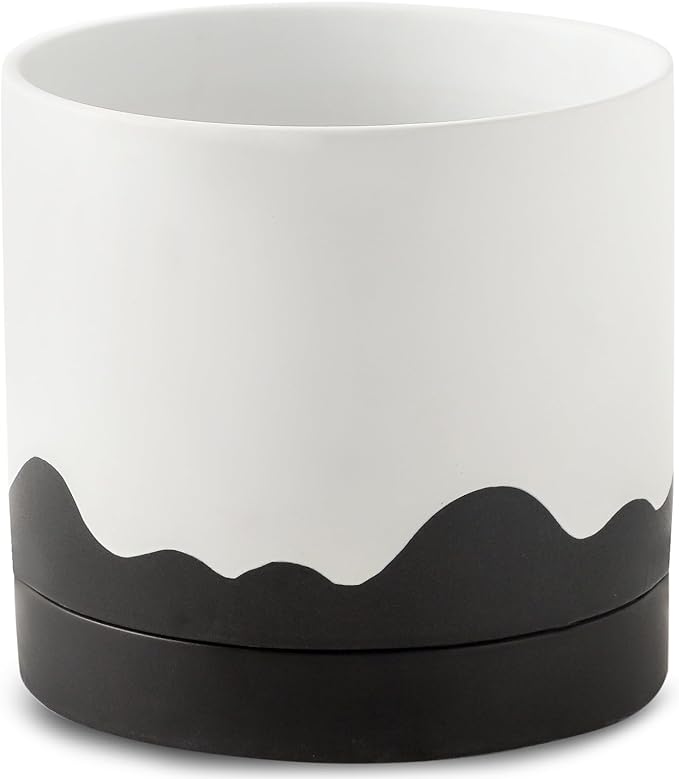 Nihow Ceramic Plant Pot: 8 Inch Planter with Drainage Hole & Saucer for Indoor & Outdoor Plants - Cylinder Round Flower Pot for Succulent/Herbs/Violets - White & Wave Black