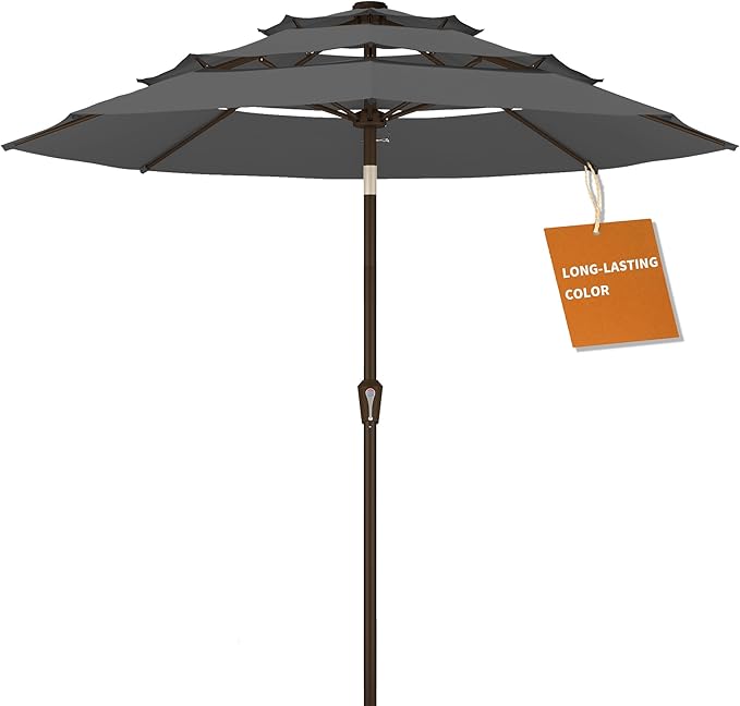 Kingdura 10ft 3-Tier Patio Umbrella, Outdoor Table Umbrella with Easy Crank & Tilt, 8 Reinforced Ribs, UV Protection for Deck, Pool, Market, Backyard (Grey)