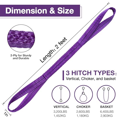 Lift Sling Straps,1" x 2' 2-Ply Heavy Duty Flat Eye Lift Slings | Polyester Lifting Strap Tree Saver Recovery Strap Web Sling Rigging Moving Tow Hoist Gear Straps Kit 3200 lb 2600 lb 6400 lb - color: Purple, size: 1" x 2’