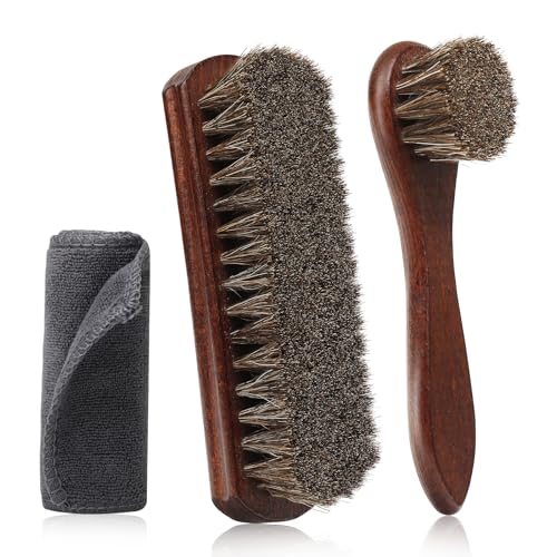 3pcs 100% Horse Hair Shoe Brush Kit Shoe Shine Kit Beech Wood Leather Care Set Suede Boot Cleaner Polish Applicator Dauber Buffing Cloth Soft Natural Bristles Men Gift Box for Boots Shoes Sneakers Car