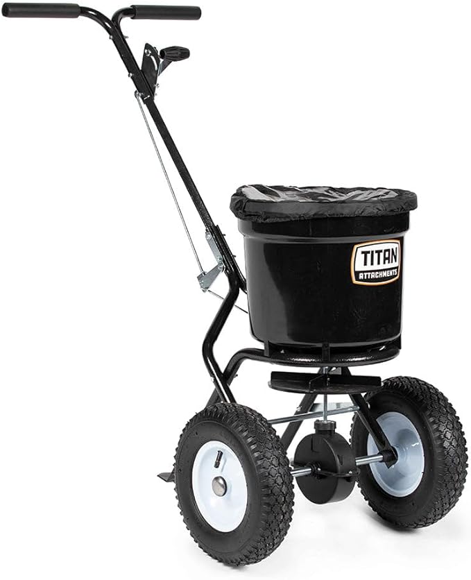 Titan Attachments 50 lb Professional Fertilizer Push Broadcast Spreader, Spreads 10 to 12 FT, Lawn Care and Ice Melter, Yard Tool