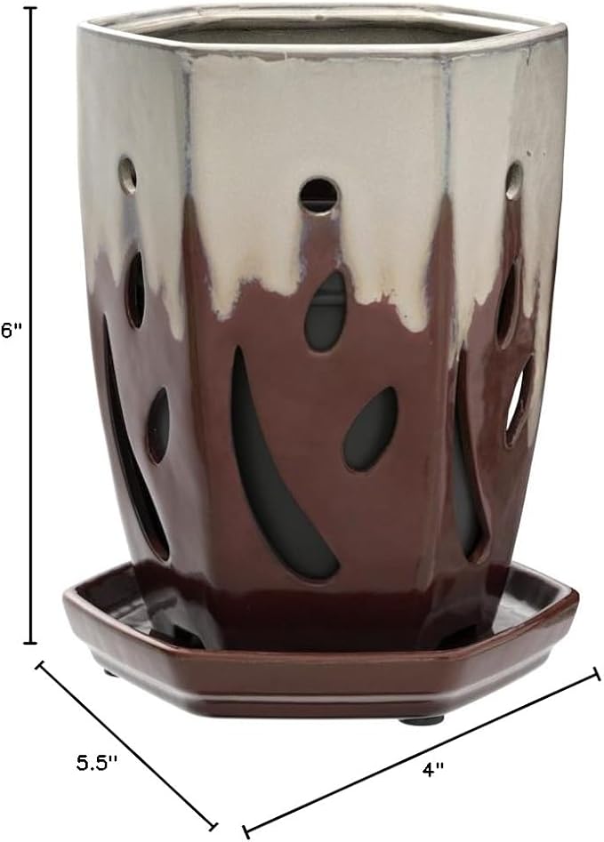 rePotme 4 x 6 inch Ceramic Orchid Pot (Cream Over Garnet) - Hexagon Orchid Pot with Holes