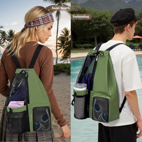Beach Backpack with Wet Pocket Drawstring Mesh Beach Bag Waterproof Swimming Pool Backpack for Men and Women - color: Green