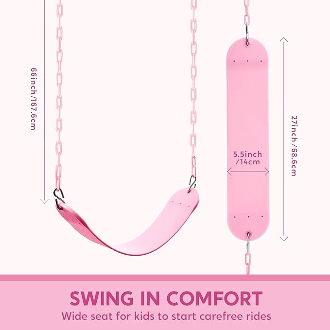 TURFEE Heavy Duty Swing Seat Pink Color with 66” Chain, Swing Set Accessories Replacement with Snap Hooks for Kids Outdoor Play Playground