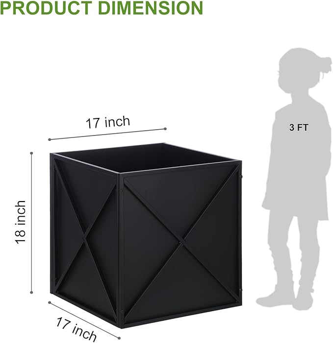 Metal Square Planter Box Tall Planters for Outdoor Plants Modern Heavy Duty with Drainage Holes for Outside Indoor Patio Deck - Black, 17”x 17”x 18”