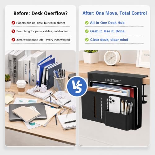 LUKETURE 2 Tier Desk Side Storage, No Drill Laptop Mount with Pen Holder | Fits Flat Edge Desks 0.3 to 2.8 Inches,Secure Grip on Wood, Glass, or Metal Surfaces Without Slipping - color: White(2 Tie)