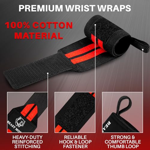TECEUM Weightlifting 18" & 12" Wrist Wraps with Thumb Loop – Heavy Duty Wrist Workout Braces for Men and Women – Ideal for Powerlifting, Strength Training, Bodybuilding - color: Black and Red, style: 12" – Beast Mode