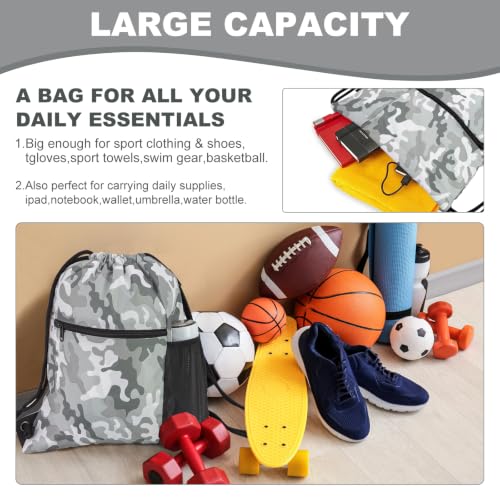 HOLYLUCK Men & Women Outdoor Sport Gym Sack Waterproof Drawstring Backpack Bag (Standard With Drawstring, Grey Camo) - color: Grey Camo, style: Standard With Drawstring