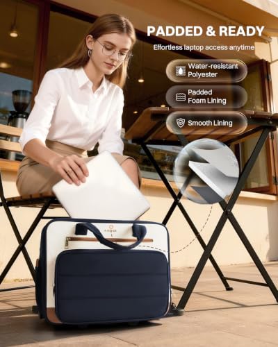 Puffer Women's Rolling Laptop Briefcase Bag with Wheels for Work & Travel | Fits 16-Inch Rolling Computer Bag, Water Resistant, TSA Friendly, 4 Pockets, Lockable Zippers, 3 Ways to Carry - color: Ribbed Navy Blue
