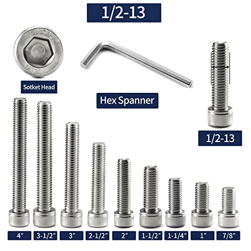 1/2-13 x 2 Socket Head Cap Screws Bolts, 20Pcs 304 Stainless Steel 18-8, Allen Socket Hex Drive, Full Thread, Bright Finish by SG TZH(with Hex Spanner) - size: 1/2-13 x 2"