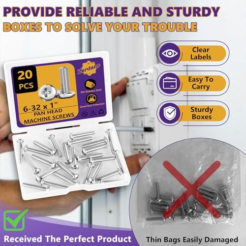 20Pcs 6-32x1 Phillips Pan Head Machine Screws Kit 304 SS for Outlet | Full Thread, Anti-Rust & Anti-Corrosion, For DIY & Cabinet Fix, Wall Switch Plates & Receptacle Mount, Storage Case Included - size: 6-32 x 1