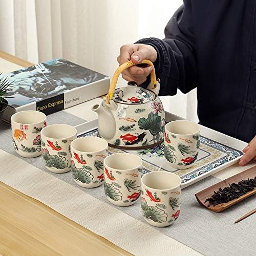 MOZEO 27oz Large Teapot Set Ceramic Tea Maker with Stainless Steel Infuser for Loose Leaf Tea or Bags Tilting Pot Floral Tea Kettle with 6pcs Cups (Lotus)
