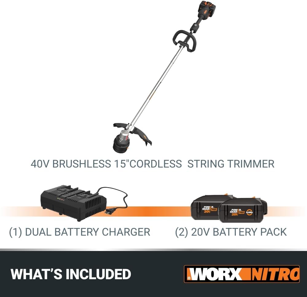 Worx Nitro 40V 15" Cordless String Trimmer with Brushless Motor, Powerful Grass Trimmer with Dual-Exit Bump-Feed Head, Lightweight Weed Trimmer Easy-Load Spool Head – Batteries & Charger Included