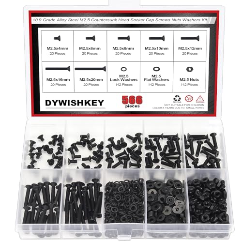 DYWISHKEY 566 Pieces M2.5 Black Screws, 10.9 Grade Alloy Steel M2.5X 4/6 /8/10 /12/16 /20mm Countersunk Head Socket Cap Screws Bolts Nuts Washers Assortment Kit - size: M2.5, style: Countersunk Head Socket Cap