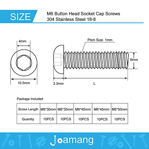 M6 x 30mm 35mm 40mm 45mm 50mm Button Head Socket Cap Screws Bolts, Stainless Steel 304, Metric Allen Hex Drive, Bright Finish, Fully Threaded, Assortment Kit 50PCS - size: Button M6x30-50 mm