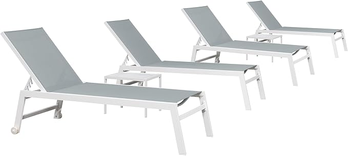 PURPLE LEAF Oversize Outdoor Chaise Lounge Set of 4 Outdoor White Aluminum Lounge Chairs with Side Table and Wheels Patio Lounge Chair for Yard Pool Deck, Bluish-Gray