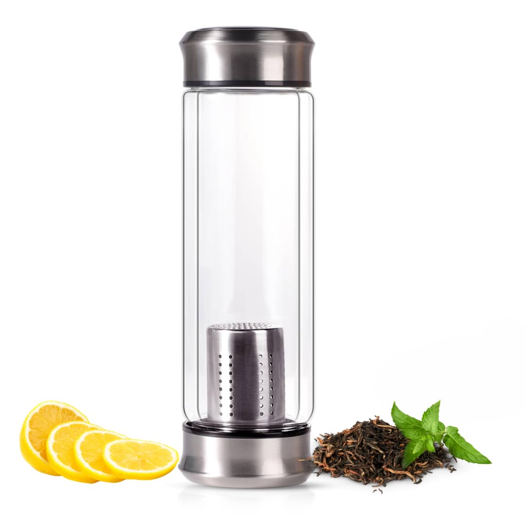 Double Wall Glass Tea Bottle with Infuser - Loose Leaf Tea Steeper, Insulated Cup, Fruit Brewer, Glass Mug With Double Lids - Portable Brewer - Water Infuser Bottle - 13.5 & 10 oz (13.5 oz)