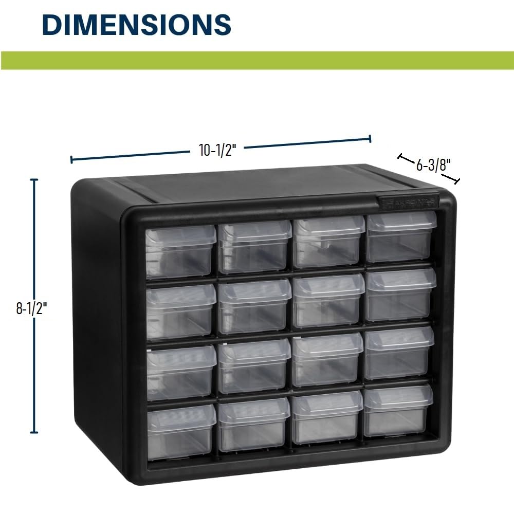 Akro-Mils 16-Drawer Plastic Drawer Storage Cabinet for Garage Organization, Beads, Makeup Organizer, Building Bricks Storage, Teacher Toolbox, 10-1/2-Inch W x 6-1/2-Inch D x 8-1/2-Inch H, 10116 Black