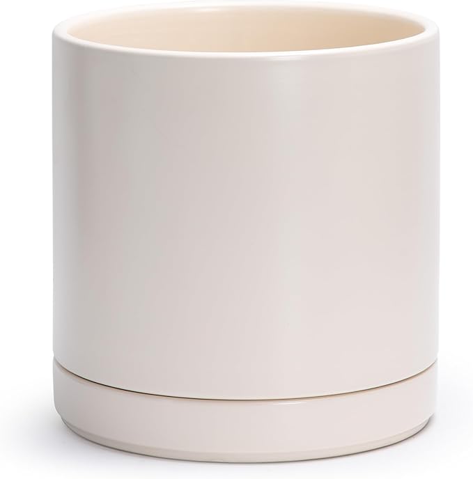 D'vine Dev 10 Inch Ceramic Planter Pot with Drainage Hole and Saucer, Indoor Cylinder Round Planter Pot, Oatmeal, 94-O-E-8