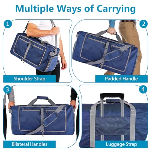 60L Duffle Bag with Shoes Compartment - Foldable&Large Capacity Travel Duffel Bags, Lightweight & Water-Resistant Gym Bag - Dark Blue - color: 60L - Dark Blue
