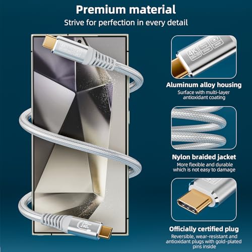 usbc to usbc Monitor Cable,USB 3.2 USB c Data Transfer Cable 20Gbps 4K@144Hz Video Cable 240W Charging for iPhone 16,S25,Tablet,Laptop USB C Monitor Video Display Cable White (5FT/1.5M) - size: 5FT/1.5M