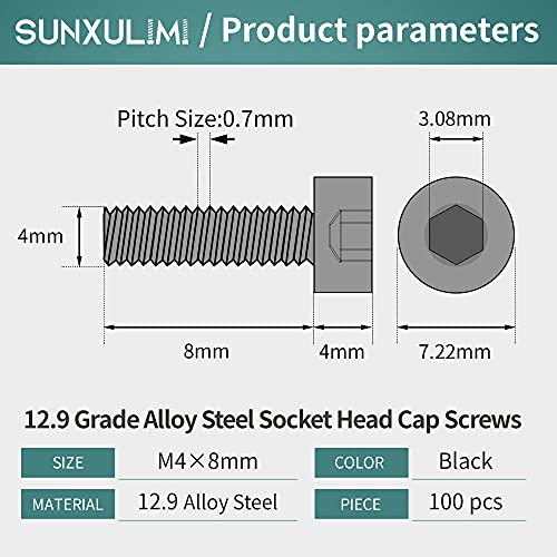 M4 x 8mm Socket Head Cap Screws Bolts 12.9 Grade Alloy Steel Metric Machine Hex Socket Screw, Black Oxide Finish, Fully Threaded, 100PCS - size: M4×8mm