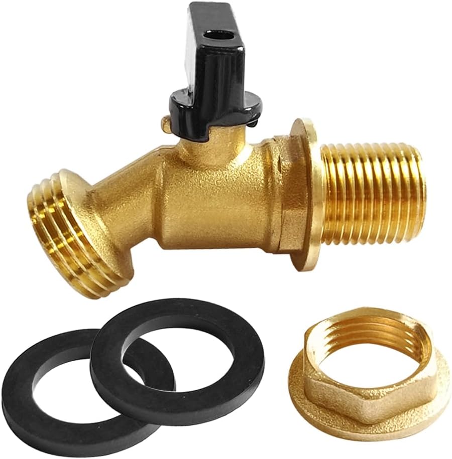 Brass Water Container Rain Barrel Faucets Spigot 3/4"G Male Thread Large Inlet to 3/4"GHT Male Thread Outlet with Quarter Turn Ball Valve Include Bulkhead Fitting and Washers
