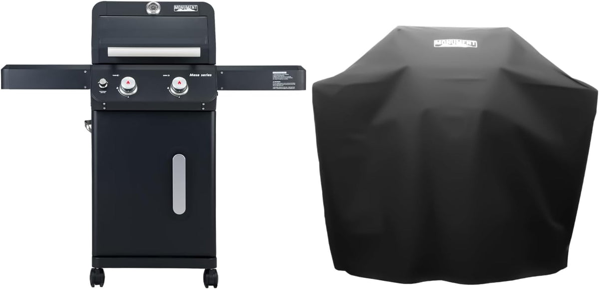 Monument Grills 2-Burner Foldable Stainless Steel Liquid Propane Gas Patio Garden Barbecue Grill with Clearview® Lid, Knob Control Mesa220 with BBQ Cover
