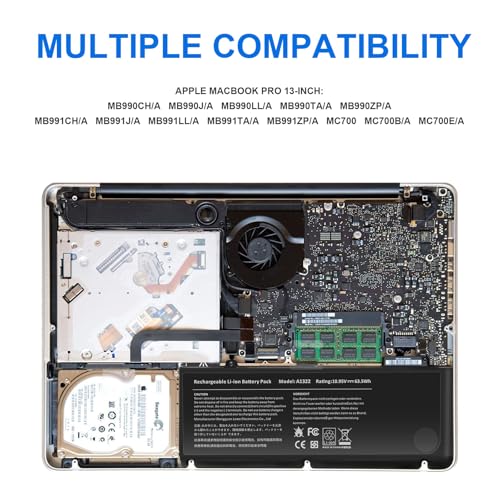 TREE.NB A1322 A1278 Laptop Battery for MacBook Pro 13 inch [2009 2010 2011 2012 Version]，not for A1278 [2008 Version], 63.5Wh 10.95V Lithium Ion Battery - size: ‎8.33x3.42x0.55inch A1322