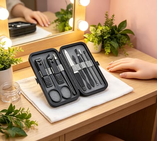 Luxury 9-in-1 Manicure Set – Premium Stainless Steel Grooming Kit with Elegant Leather Case-Black