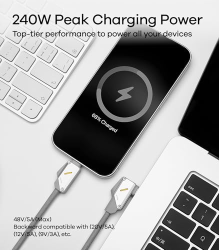Aulumu M07 240W USB-C to USB-C Cable | USB 3.1 Gen2 10Gbps | 4K@60Hz Video Output Fast Charging | Compatible with iPhone 17/16/15 Pro Max, NVMe SSD, Galaxy S25/S24/S23 Ultra, MacBook Pro - Gray 6.6FT - size: 6.6ft, style: Grey - Aluminum