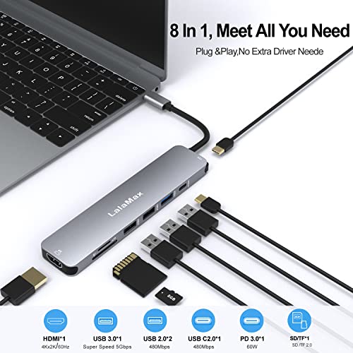 USB C HUB(8-in-1), USB C to HDMI4K60 SD/TF USB A PD, Compatible with USB C Port, USB C and 3 USB A Data Ports,SD/TF Card Reader for MacBook Pro Inch, MacBook Air and More