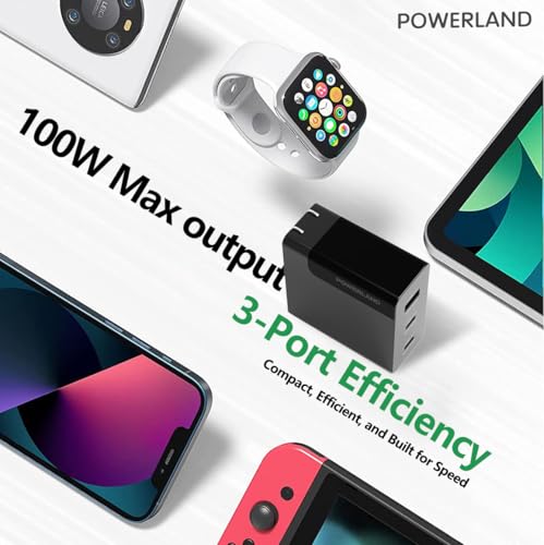 100W USB C Charger,GaN III 3-Port Fast Charging Station,PD QC Foldable Charger Block Portable Laptop Adapter for MacBook Pro/Air,iPad Pro,Galaxy S23,Dell XPS 13,iPhone 16/15/Pro and More