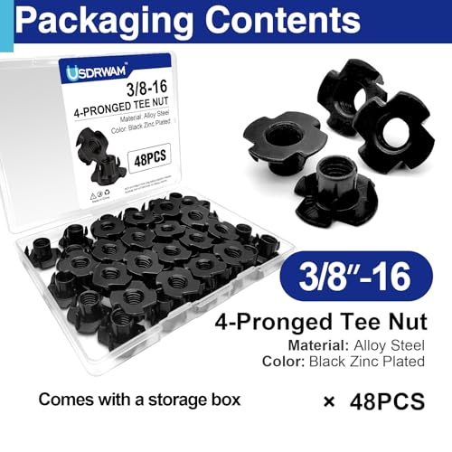 48PCS 3/8"-16 T Nuts for Wood, Carbon Steel 4-Prong Tee Nuts | Threaded inserts for wood panels, furniture and climbing wall holds - color: 48 Pack 3/8"-16