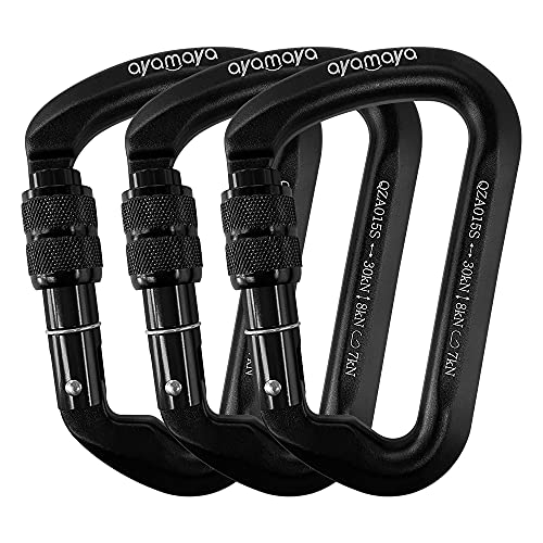 Ayamaya Climbing Carabiners - 3 Pack Screwgate Locking Carabiner 30KN (6744 lbs) Heavy Duty Gears for Rock Climbing, Rappelling, Swing Rescue & Gym, Large D-Shaped Carabiners - color: Black