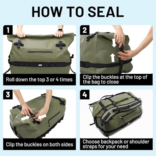 MIER Large Waterproof Duffel Bag - 60L/80L Dry Bag Backpack | Detachable Backpack Straps; Multi-Pockets; Roll-Top with Hook-and-Loop Closure; Motorcycle, Kayaking, Gym, Beach, Boating - color: Army Green, size: 60L