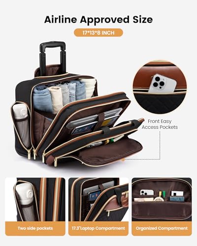 LOVEVOOK Rolling Laptop Bag for Women, Underseat Carry On Bag with Wheels | Fits 17.3 Inch Laptop, 30L Capacity, Silent Wheels, Rolling Briefcase, Carry On Luggage, Personal Item for Work Travel - color: Black-brown