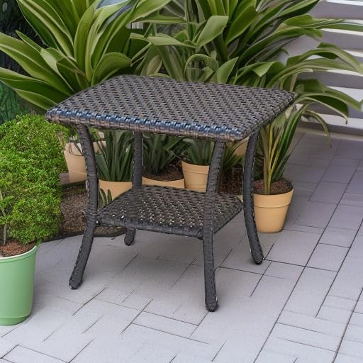Patio Tables Outdoor Coffee Table - Wicker Rattan Side Tables with 2-Tier Storage Shelf End Table for Porch Deck Balcony Garden Outside Square Brown
