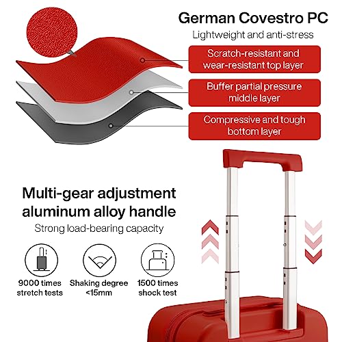 mixi Carry on Luggage, Suitcase with Spinner Wheels 16in Luggage Hardshell Lightweight Rolling Suitcases PC with Cover & TSA Lock, Red - color: Red, size: 16in Carry on