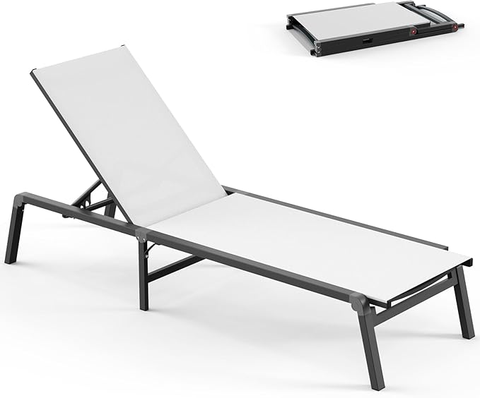 Chaise Lounge Outdoor, Foldable Aluminum Pool Lounge Chairs with 5 Positions Recliner - Free Assembly - Patio Chaise Lounge Chair for Poolside, Beach, Yard (White)