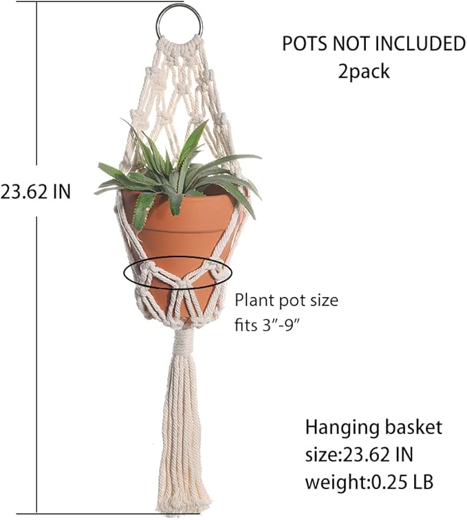 Boho Macrame Plant Hangers - Handmade Hemp Rope Hanging Baskets for Indoor Plants with Ceiling Hooks, Bohemian Home Decor Outdoor Wall Art