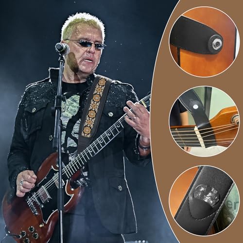 Bass Guitar Strap, Jacquard Embroidery Guitar Strap with Head Cowhide Leather End for Bass, Electric & Acoustic Guitars, Come with Complete Accessories, Comfortable and Intimate, Elegant Yellow Flower - color: Elegant Yellow Flower